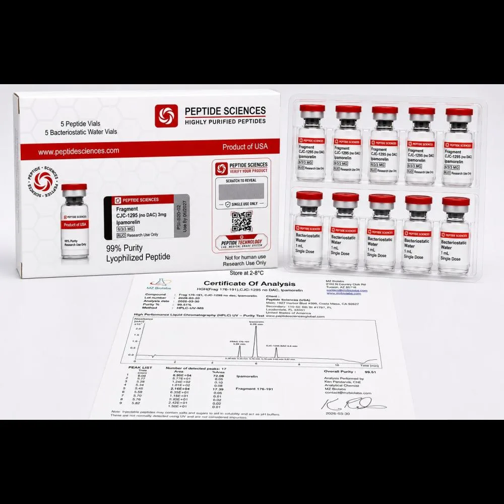 Peptide Sciences HGH Frag 176-191 + CJC No DAC + Ipamorelin 6/3/3 MG (5 Flakon + 5 Solüsyon)